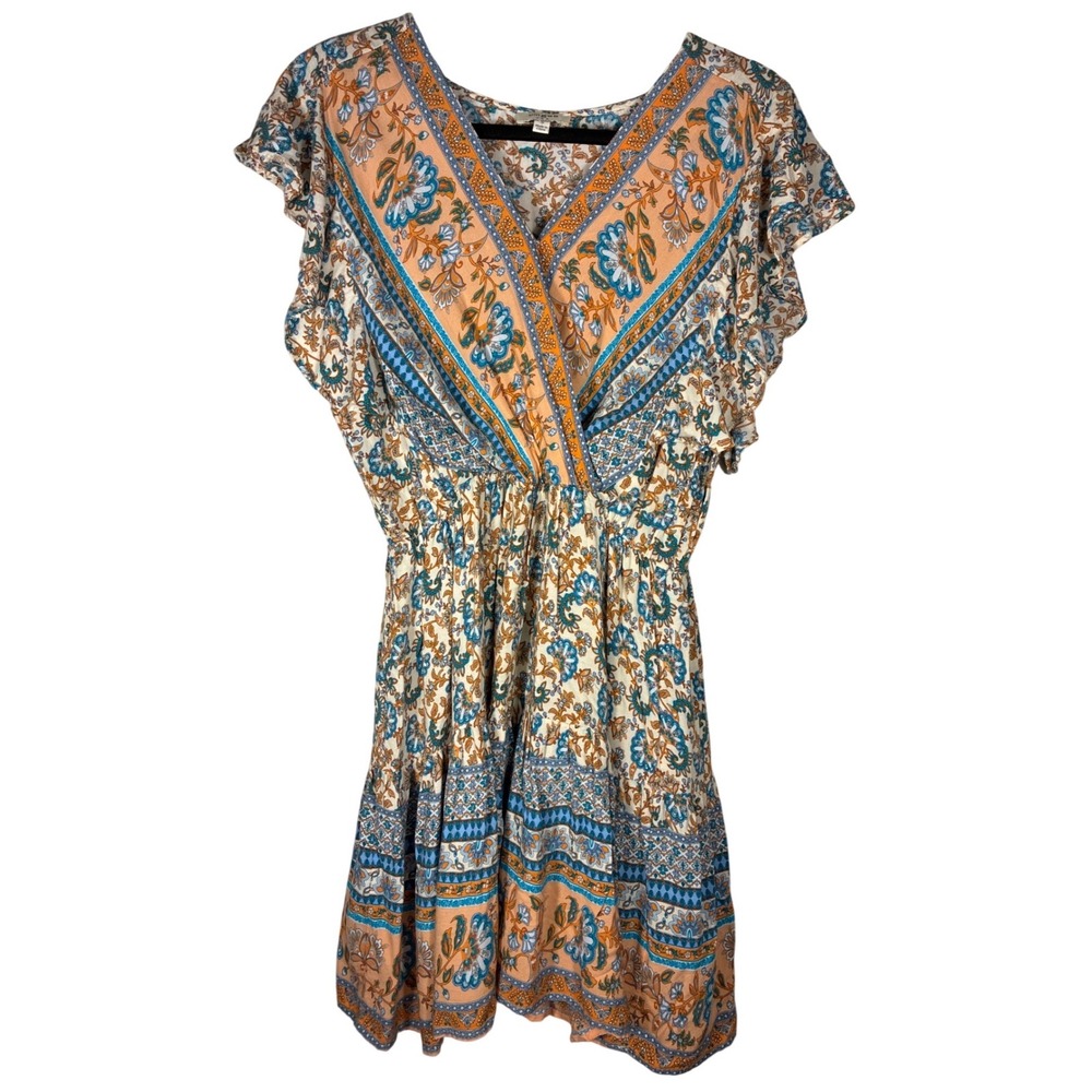 Umgee Bohoโ Paisley Border Print Dress Faux Wrap Ruffle Sleeve Mini Dress Sz S